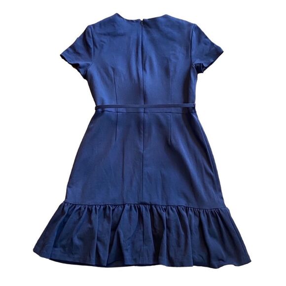 Shoshanna Ink Blue Ruffle Drop Hem Dress Belted 12 - Picture 3 of 6